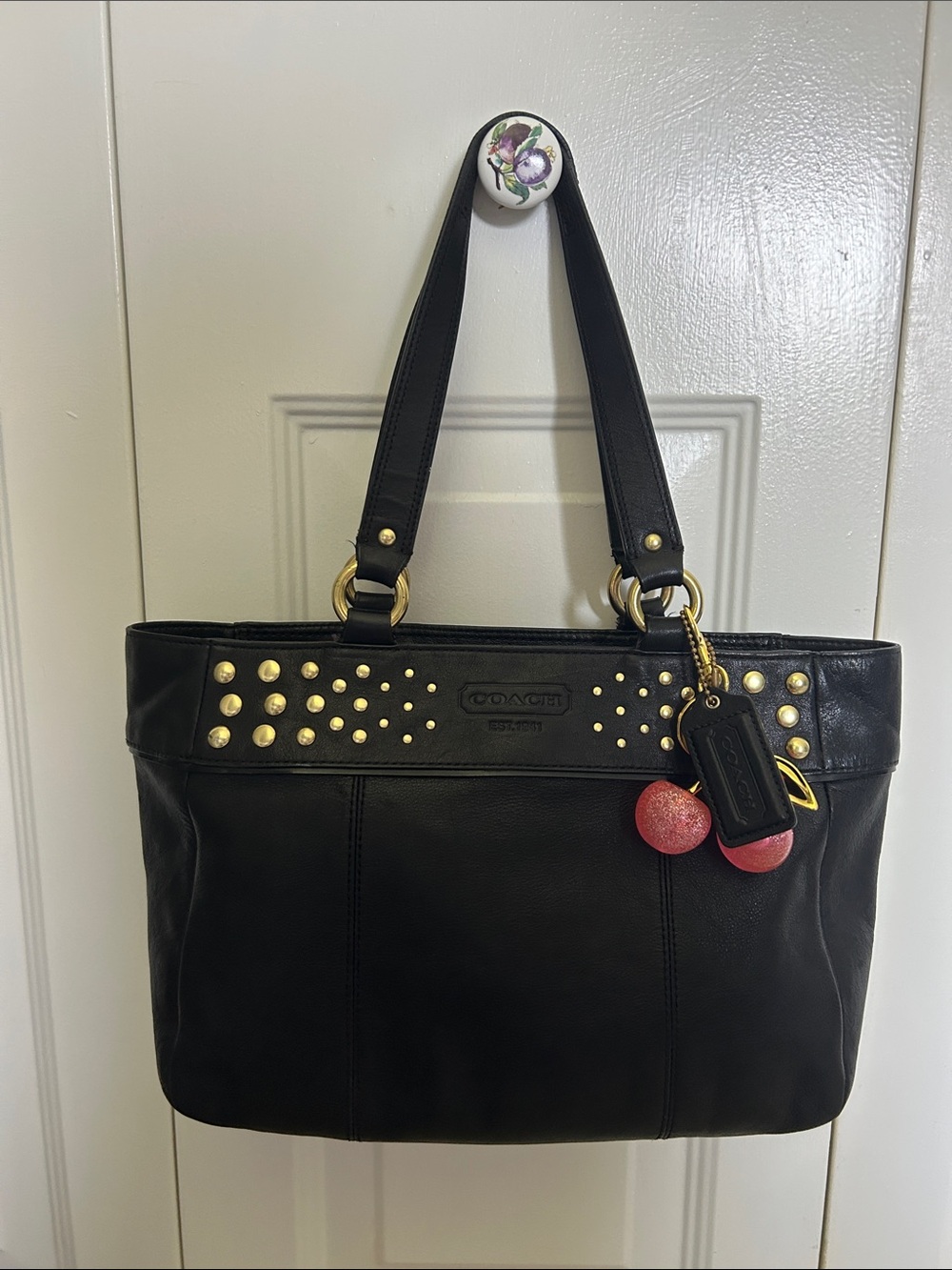 COACH Vintage  Black Leather Shoulder Tote with Gold Studs